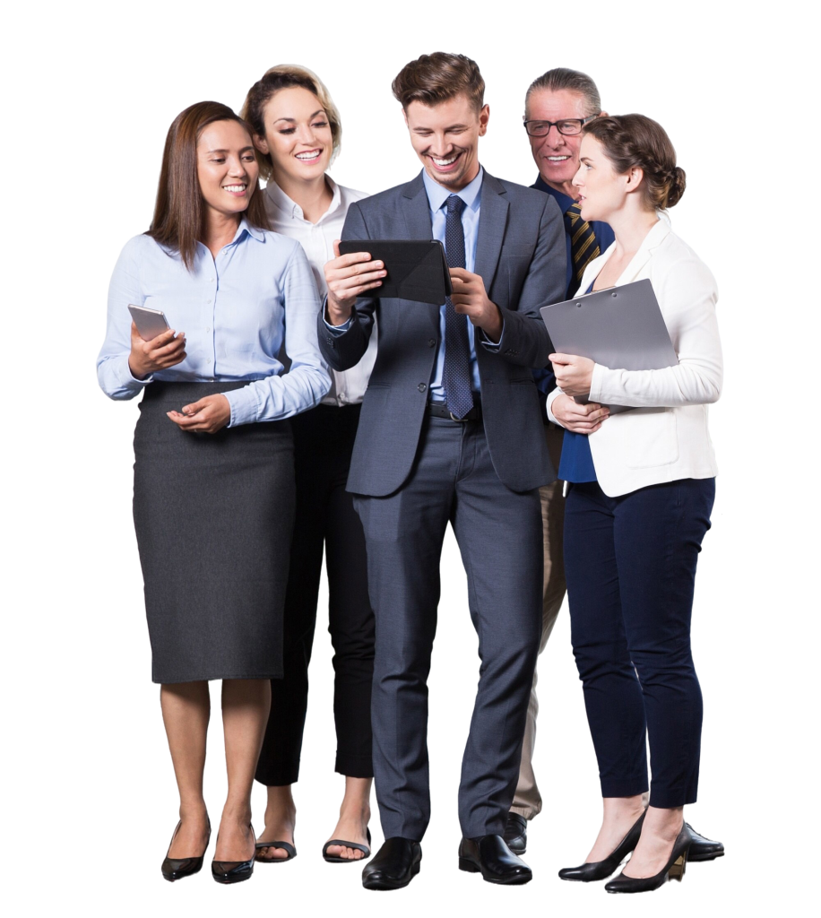 Real estate agent team celebrating a successful property closing viewed on a tablet, showcasing the results achievable with our premium virtual assistant services.